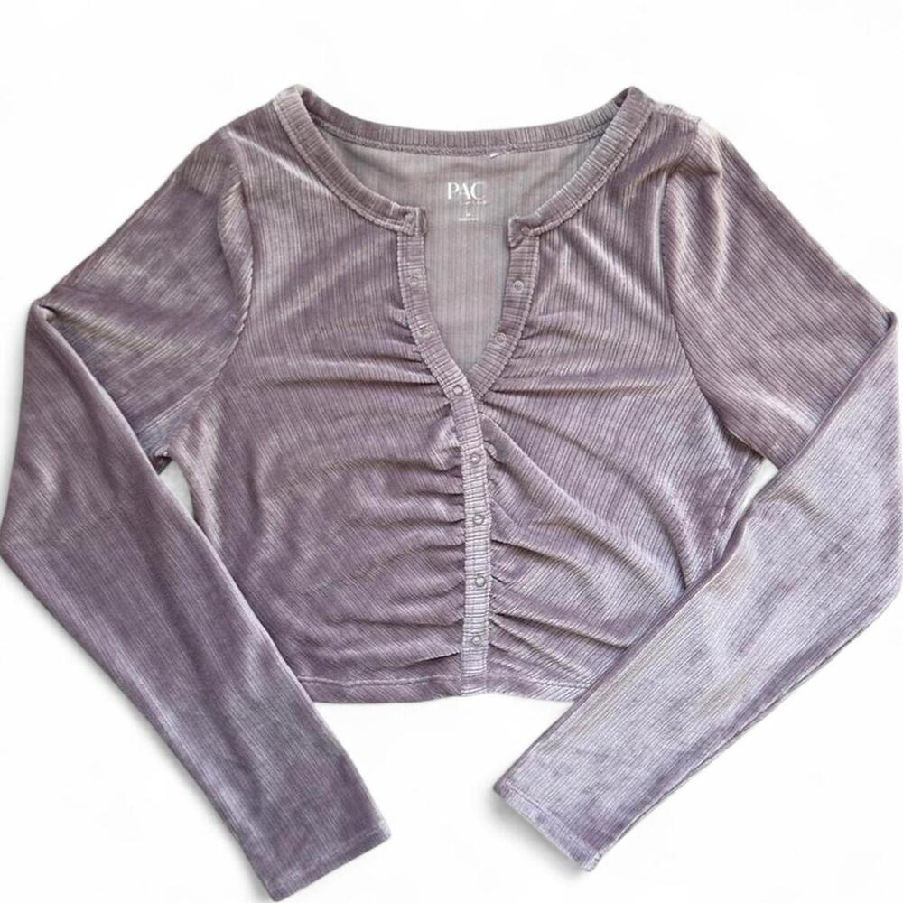 PacSun Ribbed Ruched Long Sleeve Crop Top Lavender Snap Button Y2K Fitted